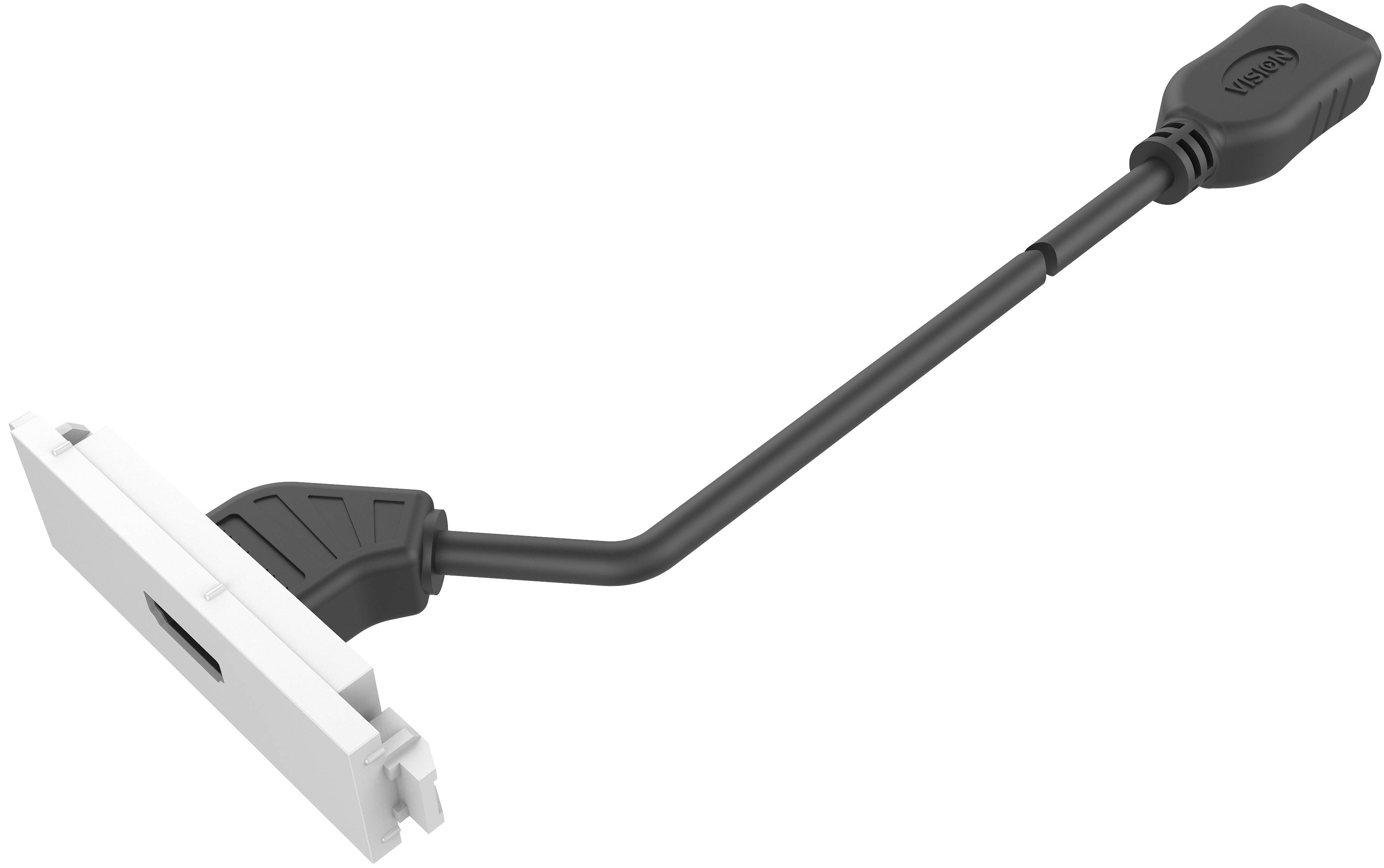 Weißer Steckeradapter mit langem schwarzem Kabel und geformtem Stecker, gezeigt auf einfachem weißen Hintergrund.