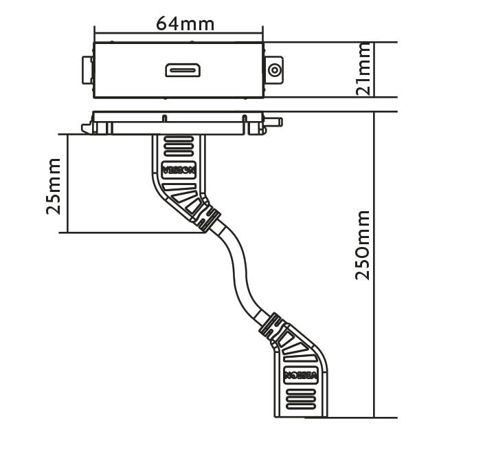 Technische Maßzeichnung eines gebogenen elektrischen Bauteils, das eine Breite von 64 mm, eine Höhe von 21 mm, einen oberen Abschnitt von 25 mm und eine Gesamtlänge von 250 mm zeigt.