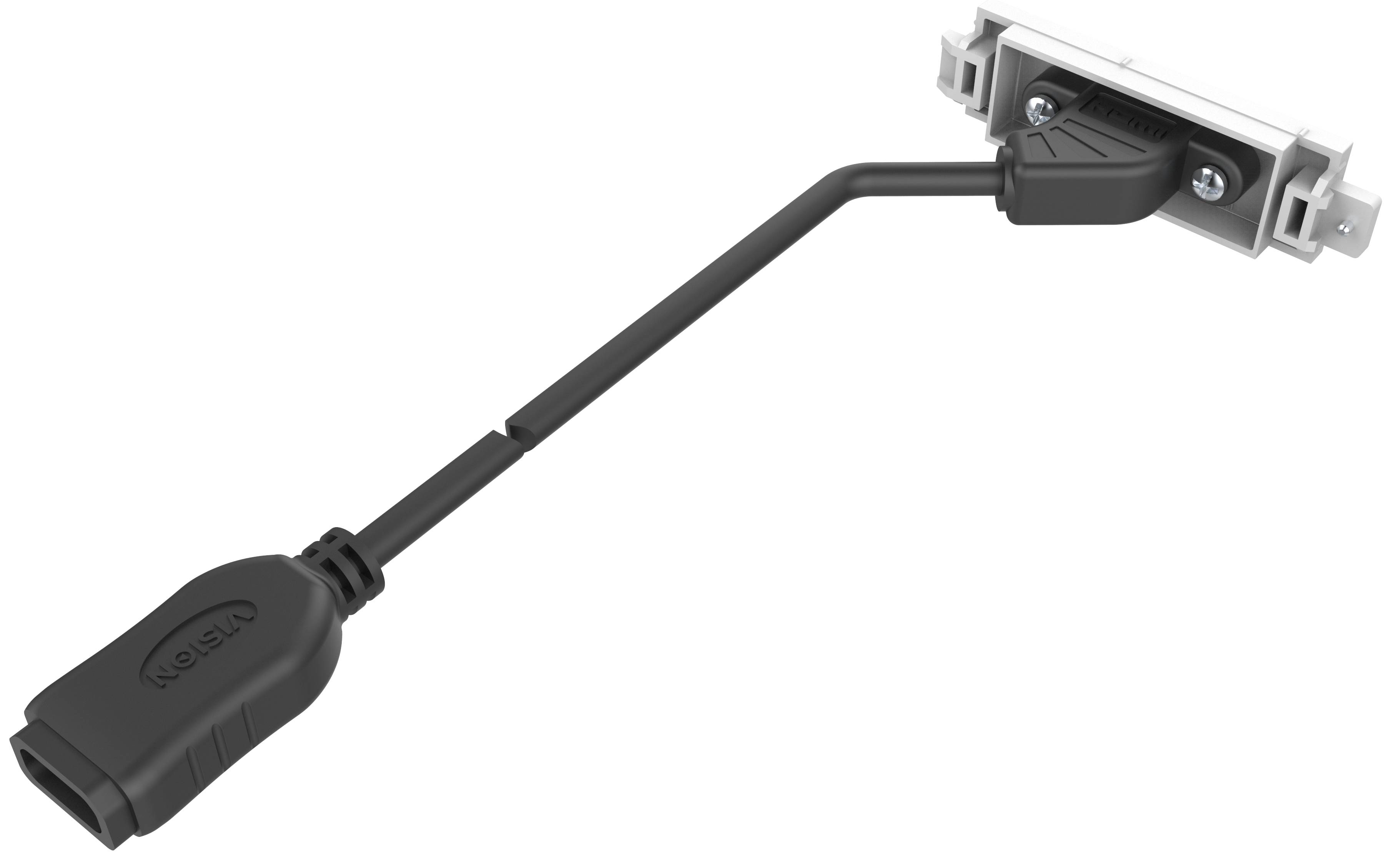 Schwarzes Adapterkabel mit einem weiblichen Anschluss an einem Ende und einer Metallmontagehalterung am anderen Ende, gezeigt vor weißem Hintergrund.