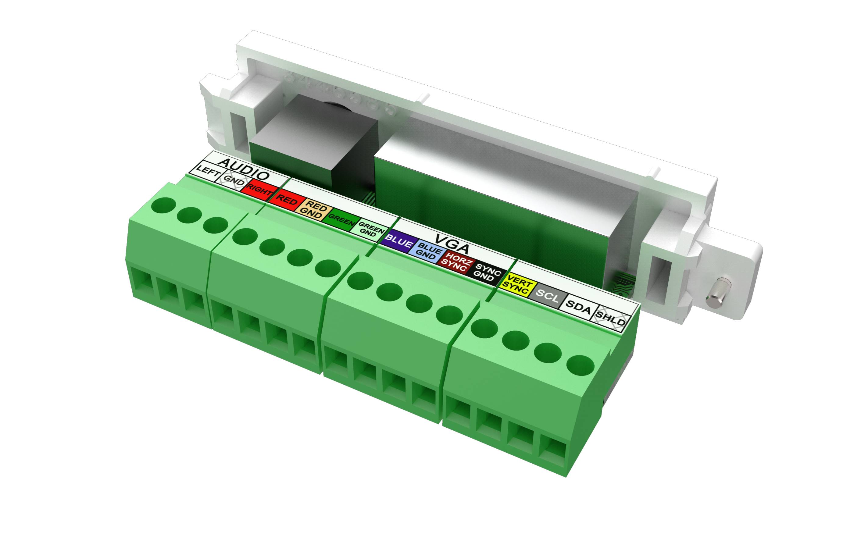 Grüner Terminalblock zu VGA-Adapter mit gekennzeichneten Schraubklemmen und Metallgehäuse für den Stecker.