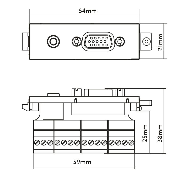 Technische Zeichnung eines D-Sub-Steckermoduls mit Vorder- und Seitenansicht mit den Abmessungen: 64 mm Breite, 21 mm Höhe, 59 mm Basis und 25 mm/38 mm Höhen.
