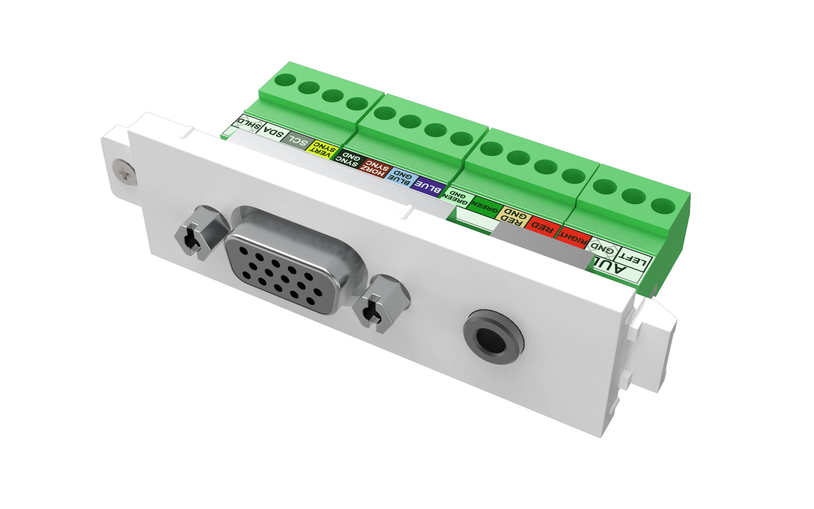 Weißes Adaptermodul mit VGA-ähnlichem weiblichem Anschluss auf der Vorderseite und grünem Schraubklemmblock oben für Verdrahtungsverbindungen.