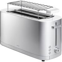 Edelstahl-Toaster für zwei Scheiben mit erhöhtem Draht-Wärmegitter und seitlichem Bedienungshebel.