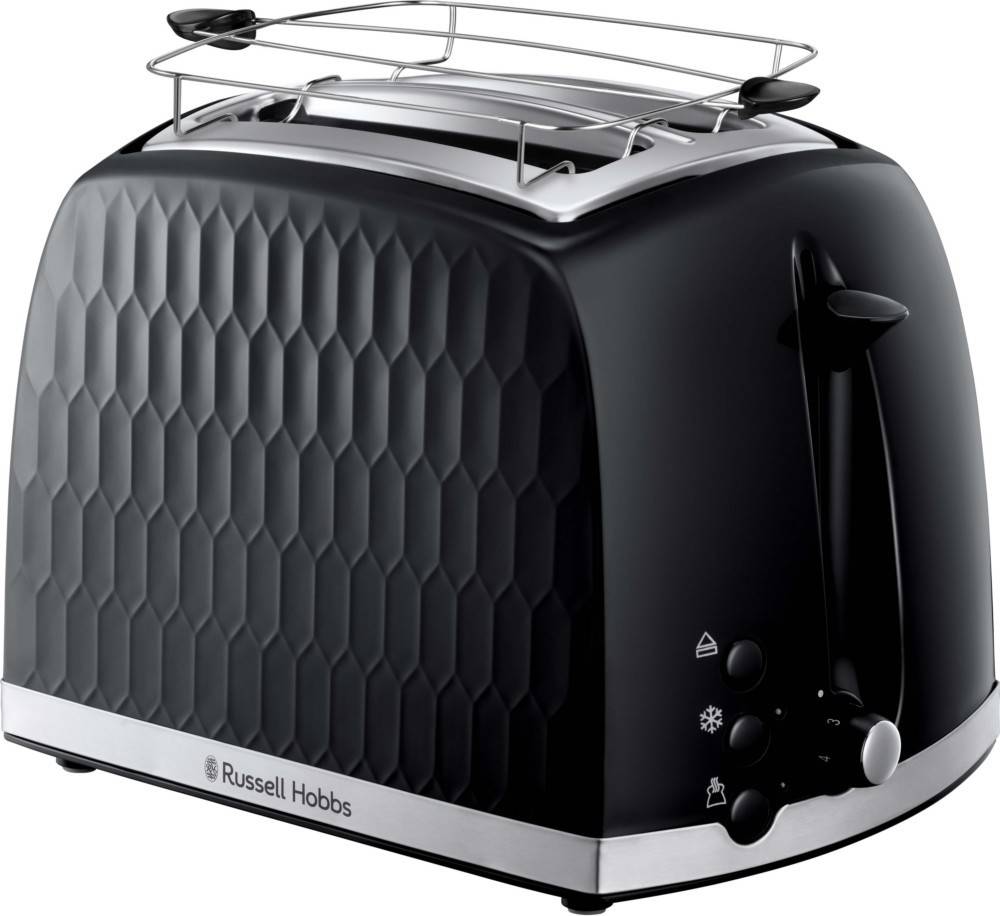 Ein schwarzer Russell Hobbs Toaster mit Wabenmuster, ausgestattet mit zwei Schlitzen und einem Bedienfeld mit Einstellungen zum Brottoasten und Auftauen.