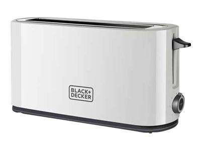 Weiß-schwarzer Black+Decker Zwei-Scheiben-Toaster mit breiten Schlitzen, Seitenhebel und Bräunungsregler auf einfachem Hintergrund.