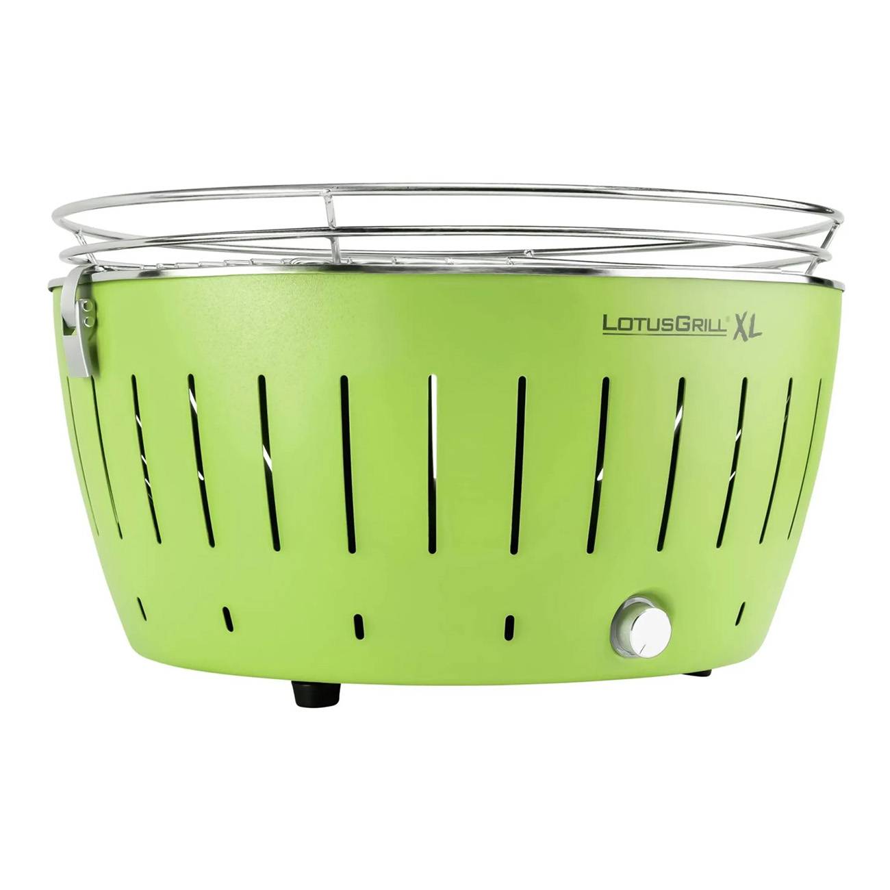 Grüner LotusGrill XL tragbarer Holzkohlegrill mit Edelstahlrost oben und silbernem Regelknopf an der Vorderseite.