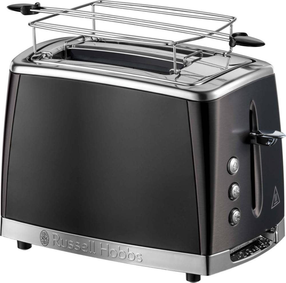 Ein schlanker schwarzer Toaster mit einem Warmhalterost aus Edelstahl oben, ausgestattet mit drei Tasten und einem Hebel an der Seite zur Bedienung.