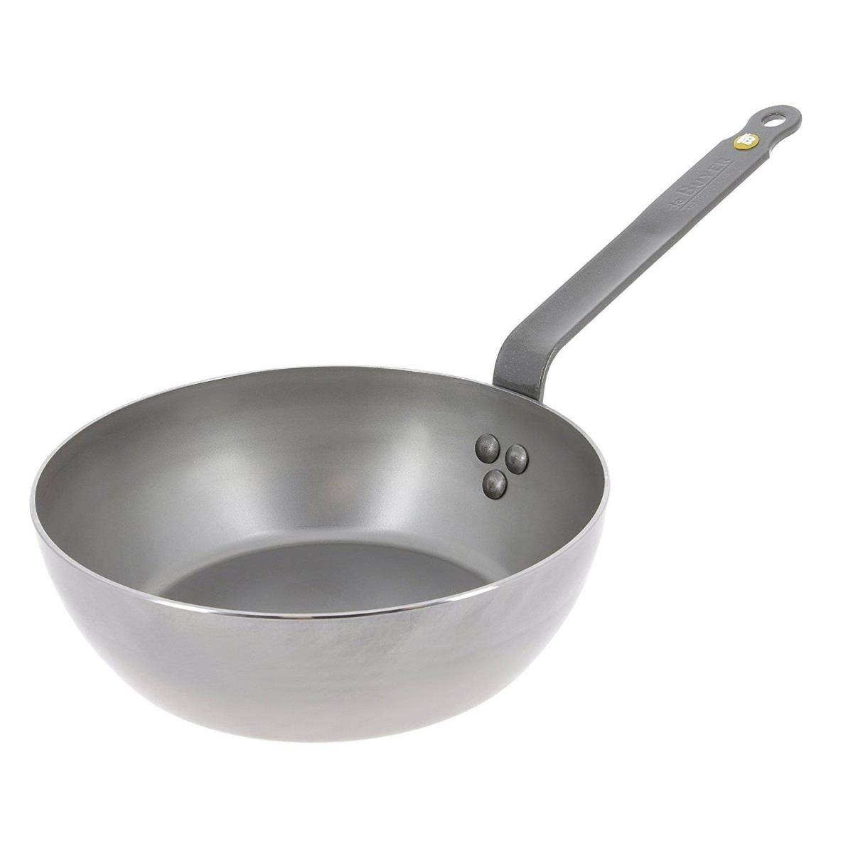 Silberner Wok-Pfanne mit langem Griff und tiefem rundem Wokkessel, dargestellt auf weißem Hintergrund.