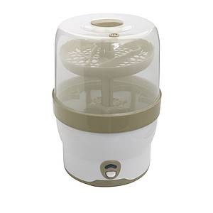 Elektrischer Dampfsterilisator für die Arbeitsfläche mit durchsichtigem Kuppeldeckel und Bedienungsknopf am Sockel.