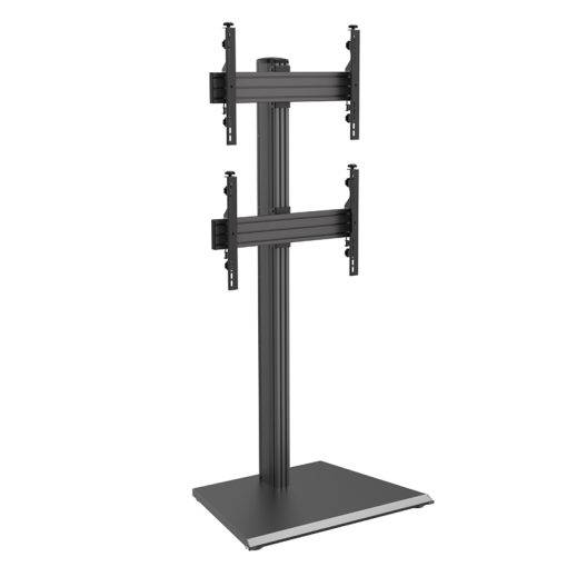 Doppelmonitor-Bodenständer mit zentraler Säule, zwei verstellbaren Bildschirmhalterungen und rechteckiger Basis auf weißem Hintergrund.