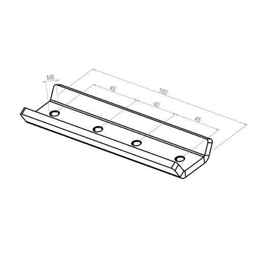 Technische Zeichnung einer langen Metallhalterung mit vier Befestigungslöchern, gekennzeichnet mit M8 und Abmessungen 160, 45, 40 und 45.