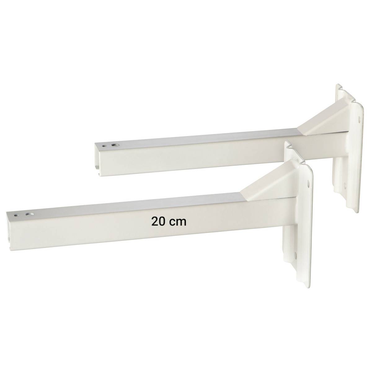 Zwei weiße Metallregalhalter mit der Bezeichnung „20 cm