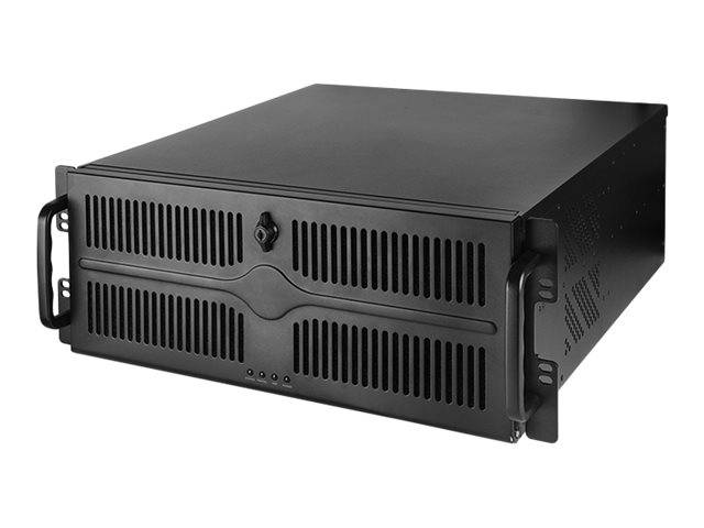 Schwarze Rack-Mount-Server oder USV-Einheit mit Lüftungsschlitzen an der Vorderseite, Griffen und Anzeigelampen auf weißem Hintergrund.