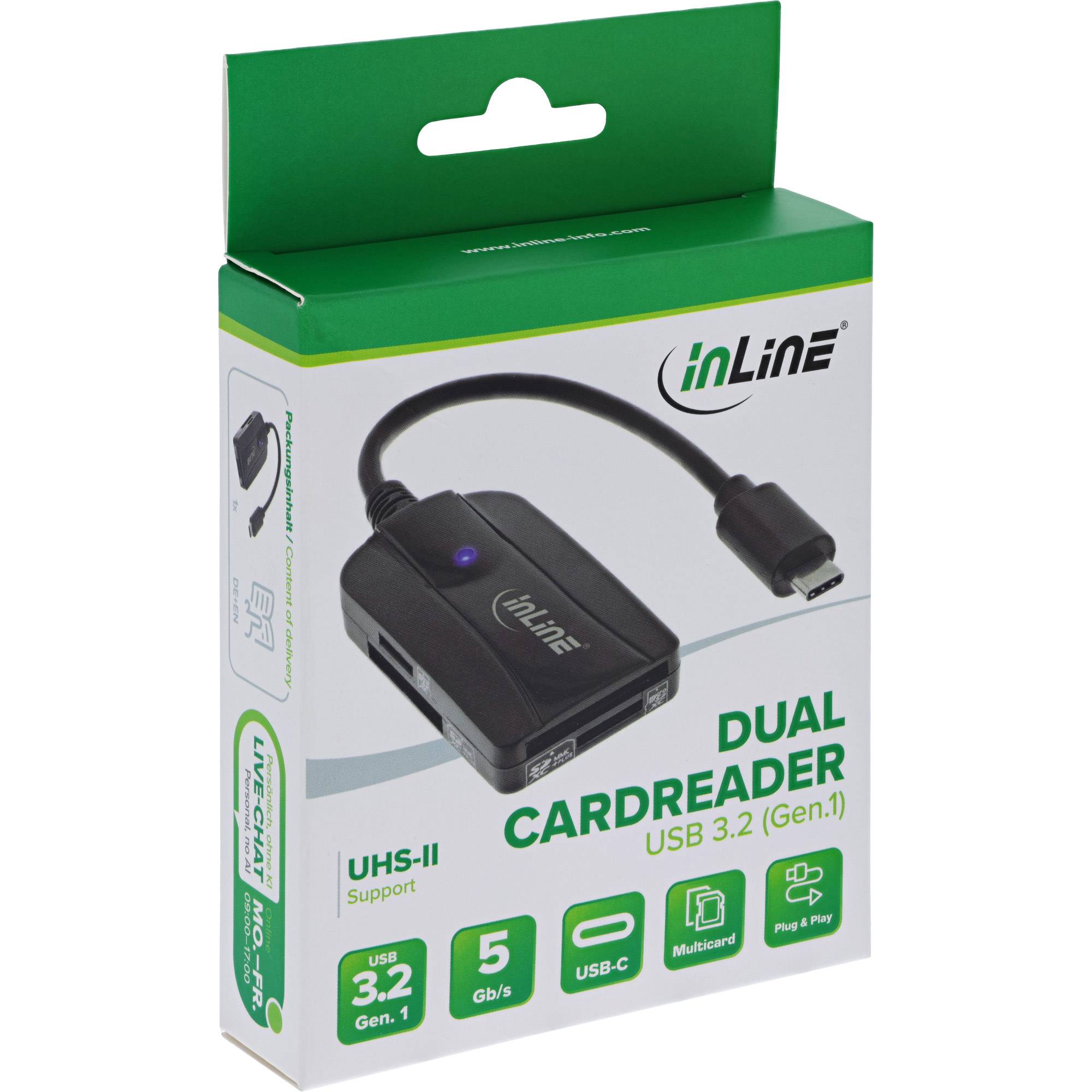 Paket eines inLine Dual-Kartenlesers mit USB-C-Kabel, gekennzeichnet mit „DUAL CARDREADER