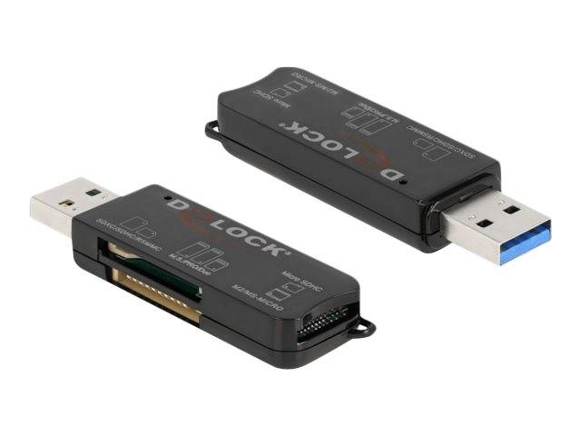 Zwei schwarze USB-Flash-Drive-Sicherungsgeräte mit freiliegenden USB-Steckern, auf weißem Hintergrund dargestellt.