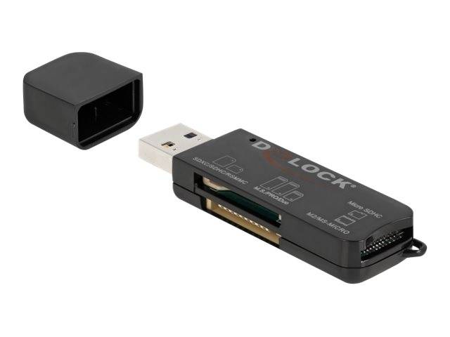 Ein USB-Stick mit entfernter schwarzer Schutzkappe, das den Anschluss und den Schiebemechanismus auf weißem Hintergrund zeigt.