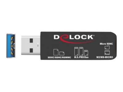 USB-Speicherkartenleser mit DELock-Branding, zeigt einen USB-Stecker und Steckplätze für SD-, microSD-, M.S./Pro Duo- und M2/MS-Micro-Karten.