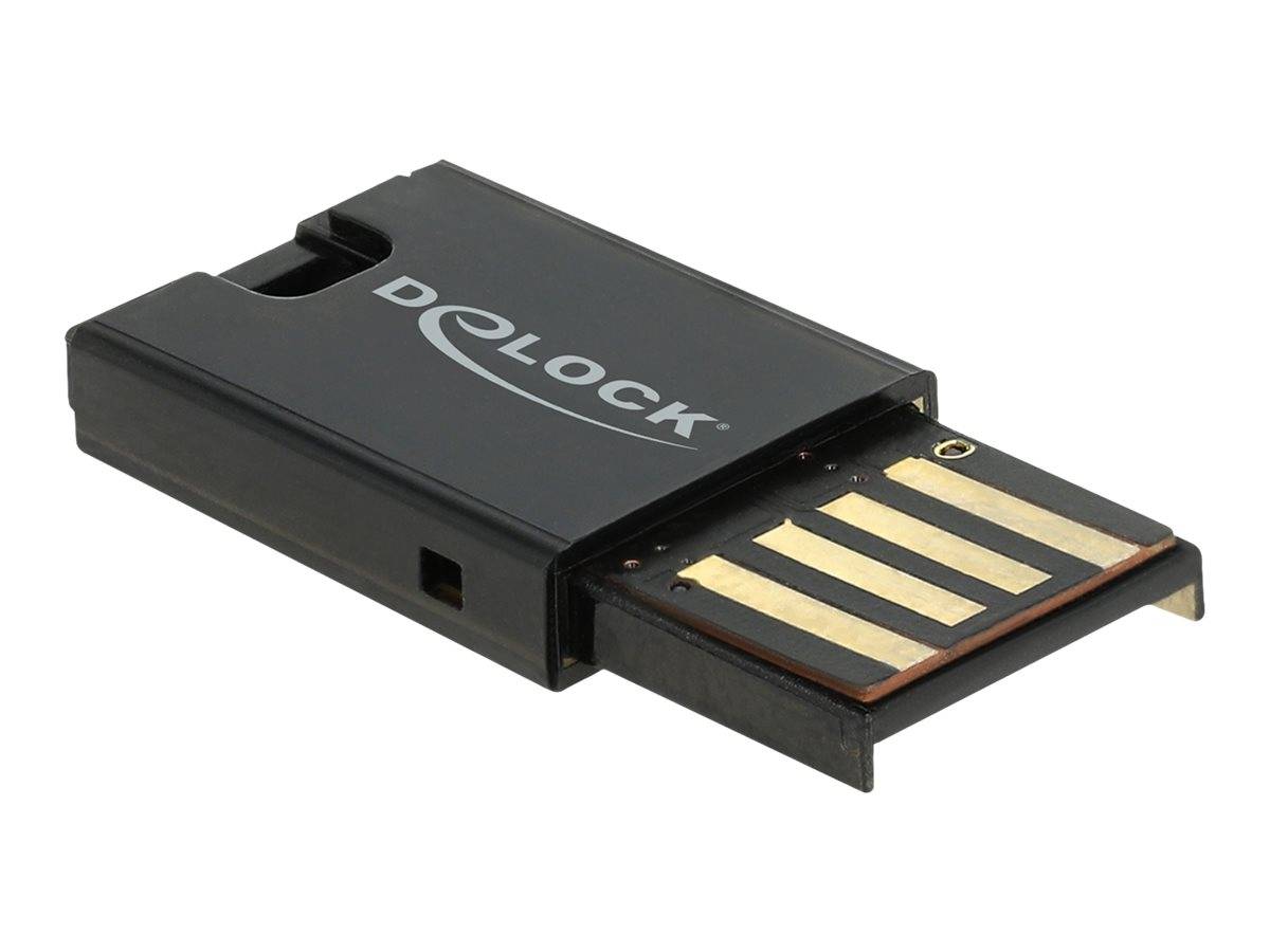 Ein kleiner schwarzer Delock USB-Stick mit teilweise ausgezogenem Anschluss.