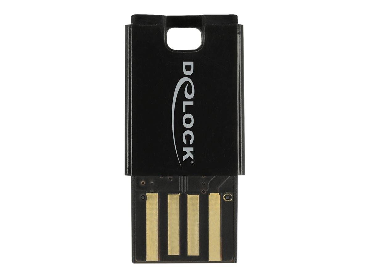 Schwarzes Delock USB-Laufwerk mit ausgestanztem Griff und vier goldfarbenen Steckkontakten, die am unteren Ende sichtbar sind.