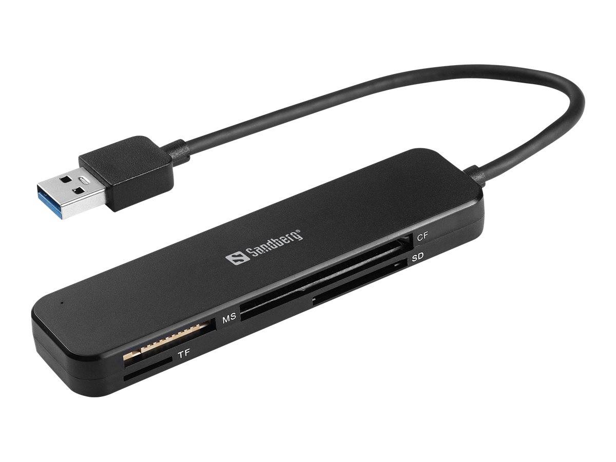 USB-Kartenleser mit angeschlossenem Kabel, mit MS-, TF-, CF- und SD-Speicherkartensteckplätzen.