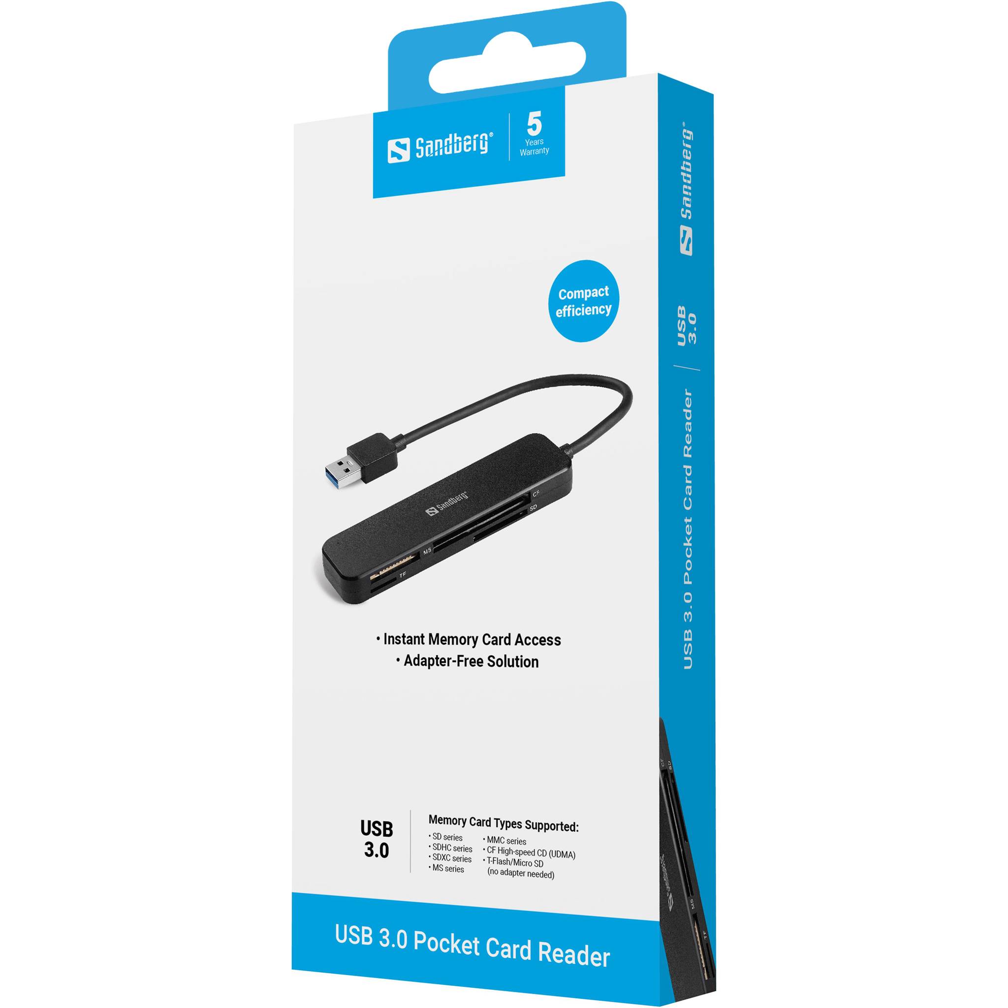 Paket für Sandberg USB 3.0 Pocket Card Reader, zeigt einen kompakten USB-Kartenleser und unterstützte Speicherkarten-Typen.