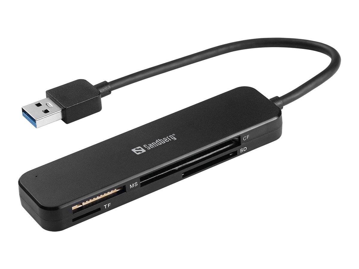 Schwarzer USB-Kartenleser mit Kabel, mit Steckplätzen für MS-, TF-, CF- und SD-Speicherkarten.