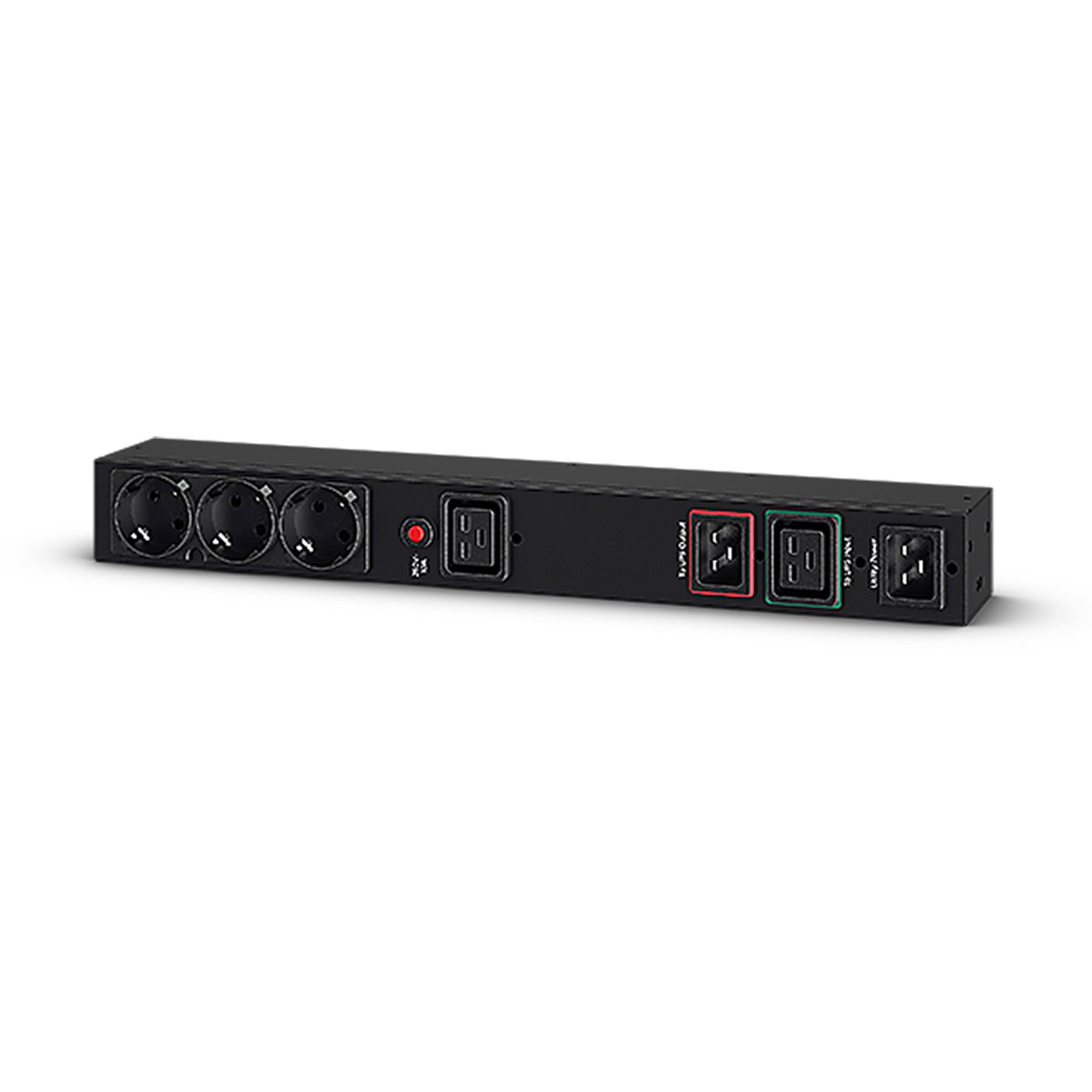 Schwarze Rack-Mount-Steckdosenleiste mit drei runden Steckdosen, einem roten Ein-/Ausschalter und drei rechteckigen Steckdosen auf der Frontplatte.