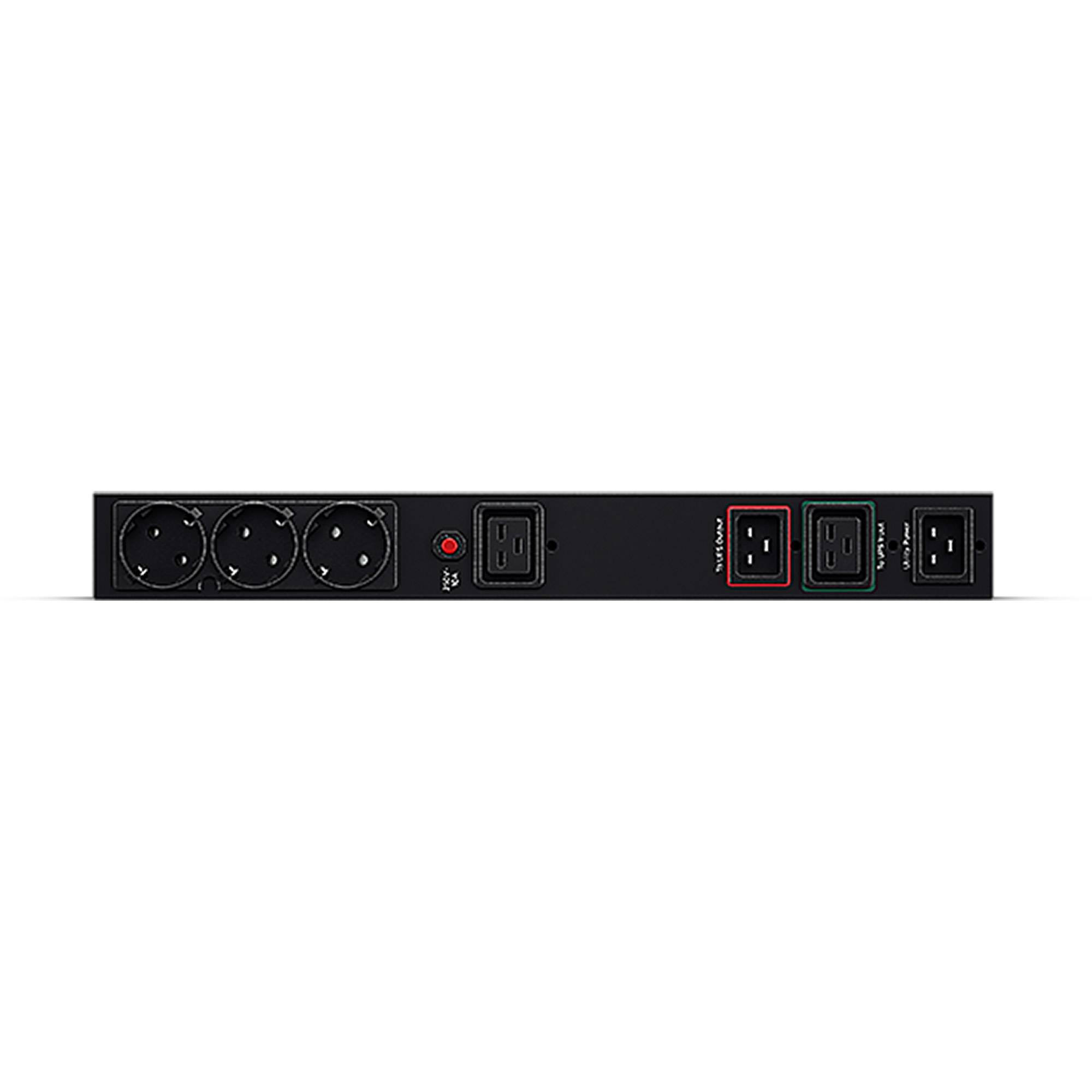 Vorderansicht einer schwarzen Rack-Steckdosenleiste mit drei runden Steckdosen, einem Netzschalter und drei farblich gekennzeichneten IEC-Stromverbindungen.
