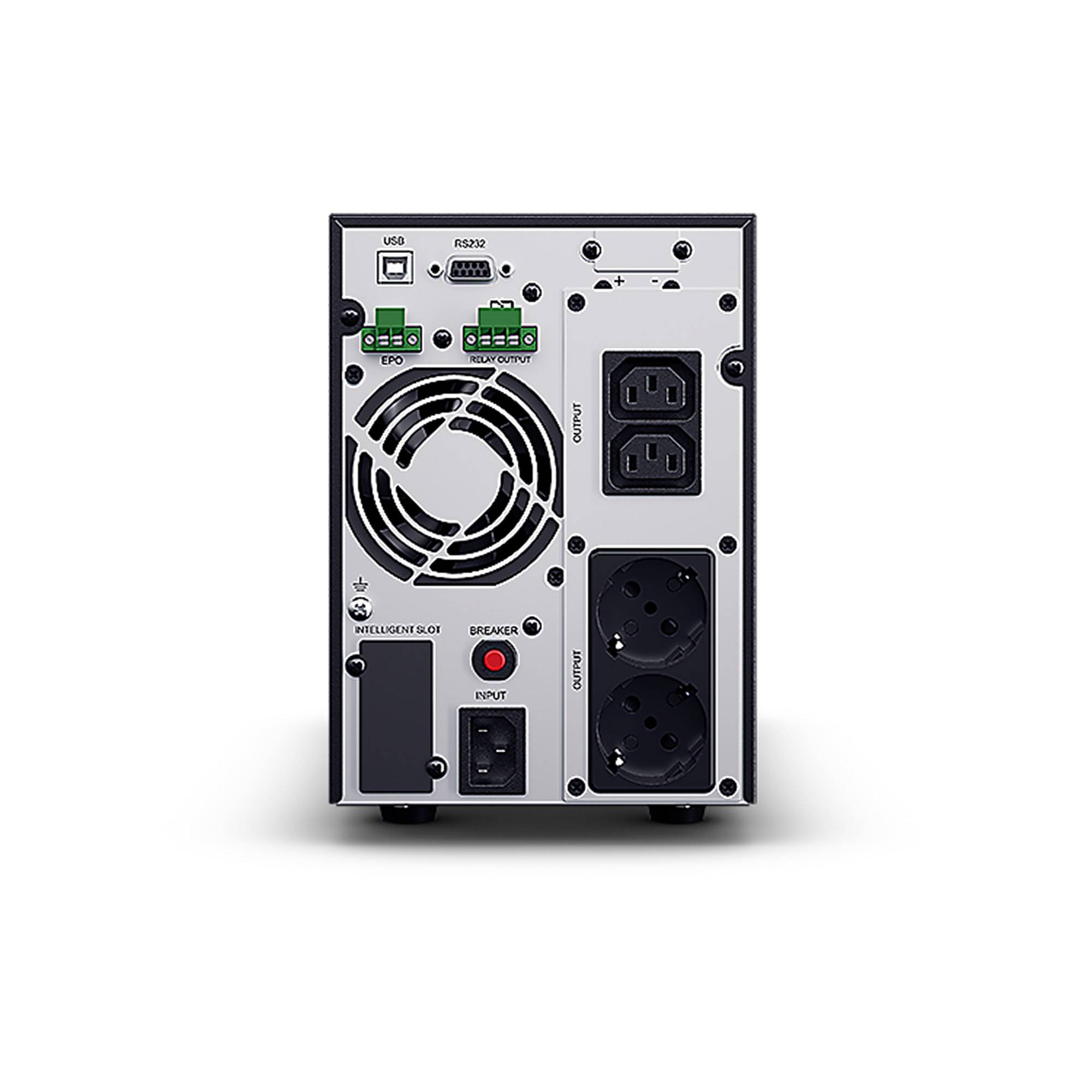 Rückseite eines Stromversorgungsgeräts/einer USV mit Kühlventilator, USB- und RS232-Anschlüssen, grünen Klemmen, Schutzschalter und mehreren Wechselstrom-Ein-/Ausgangssteckdosen.