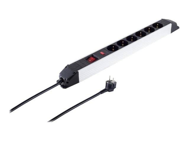 Überspannungsgeschütztes Stromverteilersystem mit sechs Steckdosen, einem roten Ein-/Ausschalter und einem schwarzen Kabel mit Stecker auf weißem Hintergrund.