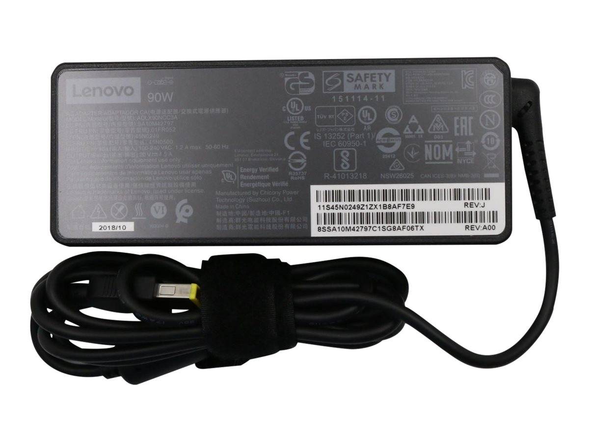 Lenovo 90W Laptop-Netzteil mit angebautem Spiralkabel und Stecker.