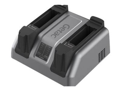 Graues Batterie-Ladegerät mit zwei Steckplätzen und vorderem Anzeigefeld, gekennzeichnet mit 