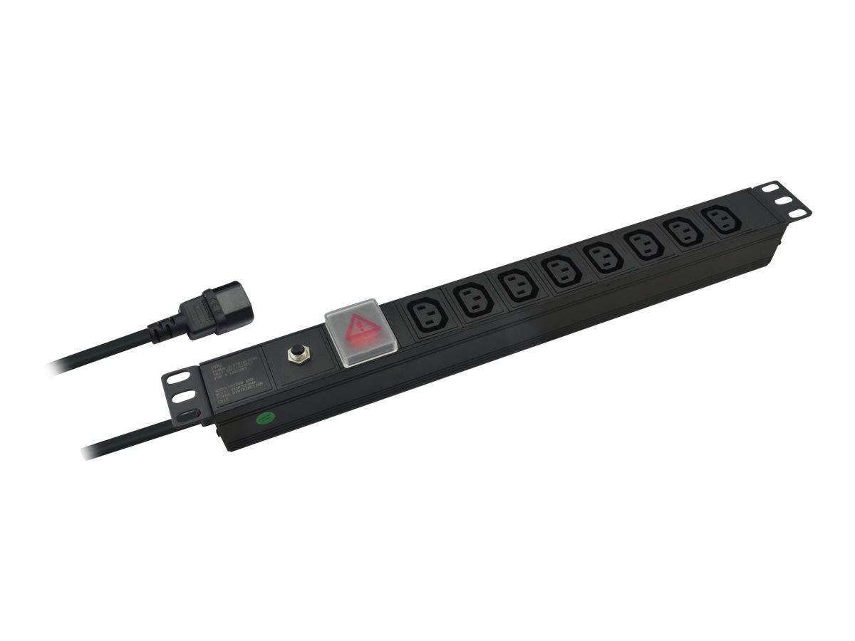 Schwarze Rack-Mount-Steckdosenleiste mit mehreren Steckdosen, einem beleuchteten roten Netzschalter und angebrachtem Stromkabel.