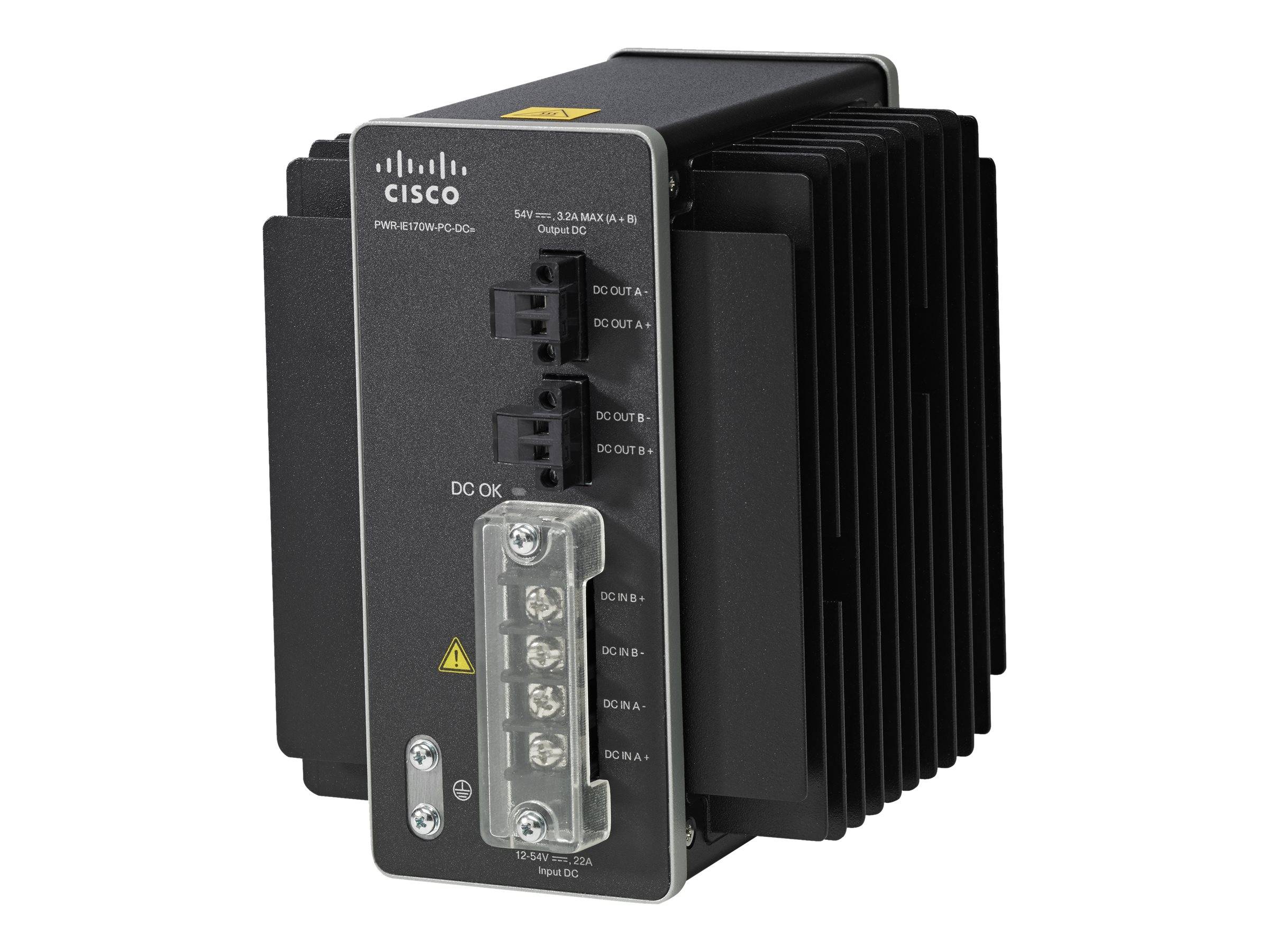 Cisco Industrial-Stromversorgungsmodul mit schwarzem geripptem Kühlkörper und Status-Anzeigen auf der Frontplatte sowie DC-Ausgangsklemmen.