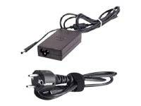 Schwarzer Stromadapter mit angeschlossenem Kabel und zweipoligem Stecker, gezeigt neben seinem passenden Stromkabel.