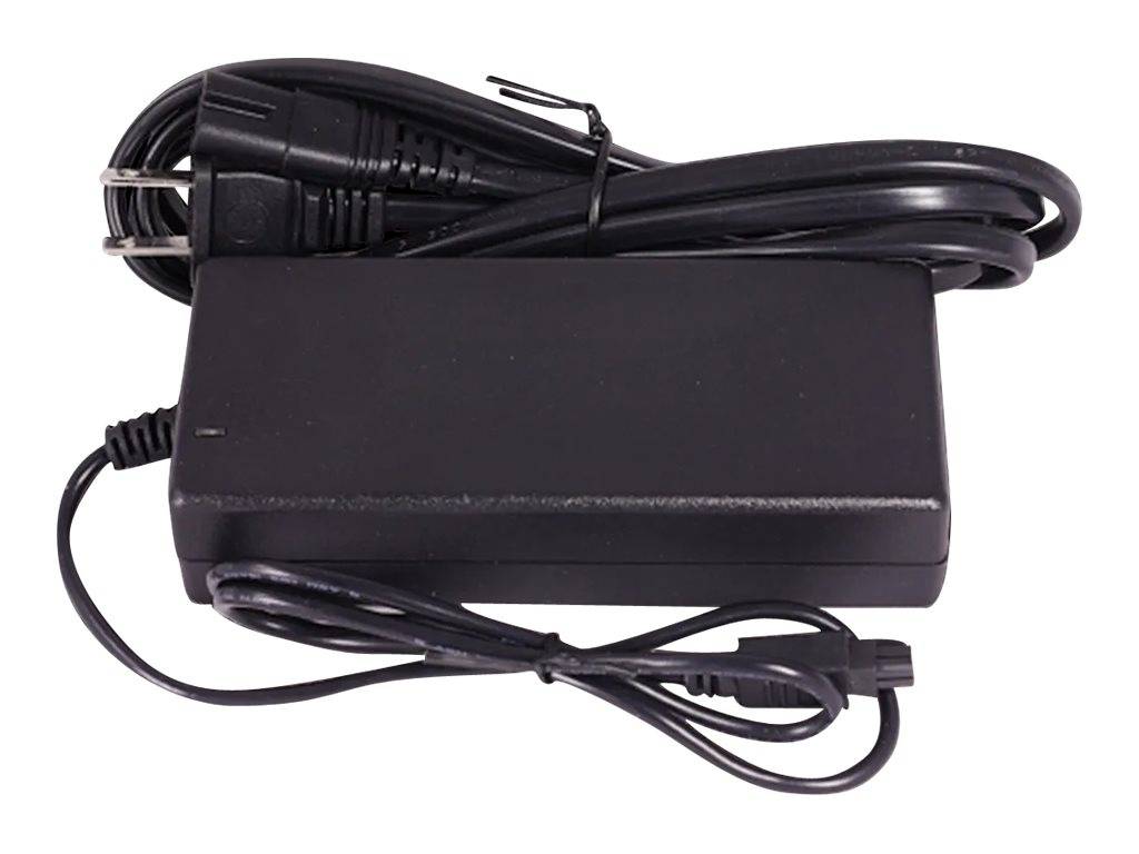 Schwarzer Stromanschlussadapter mit angebrachten Kabeln und Stecker, gezeigt auf weißem Hintergrund.