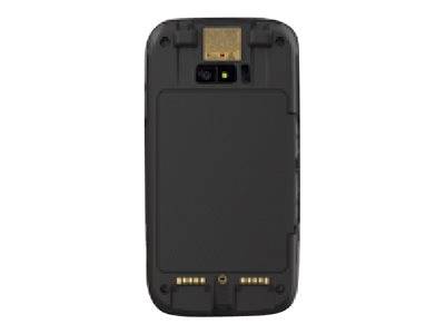 Rückansicht eines schwarzen Smartphones, die das Batteriefach, die Kameraobjektiv, den Blitz und die goldenen Kontaktpunkte zeigt.