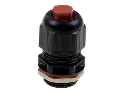 Schwarze Druckknopf-Elektroschalter mit roter Oberseite und Gewindelache auf weißem Hintergrund.