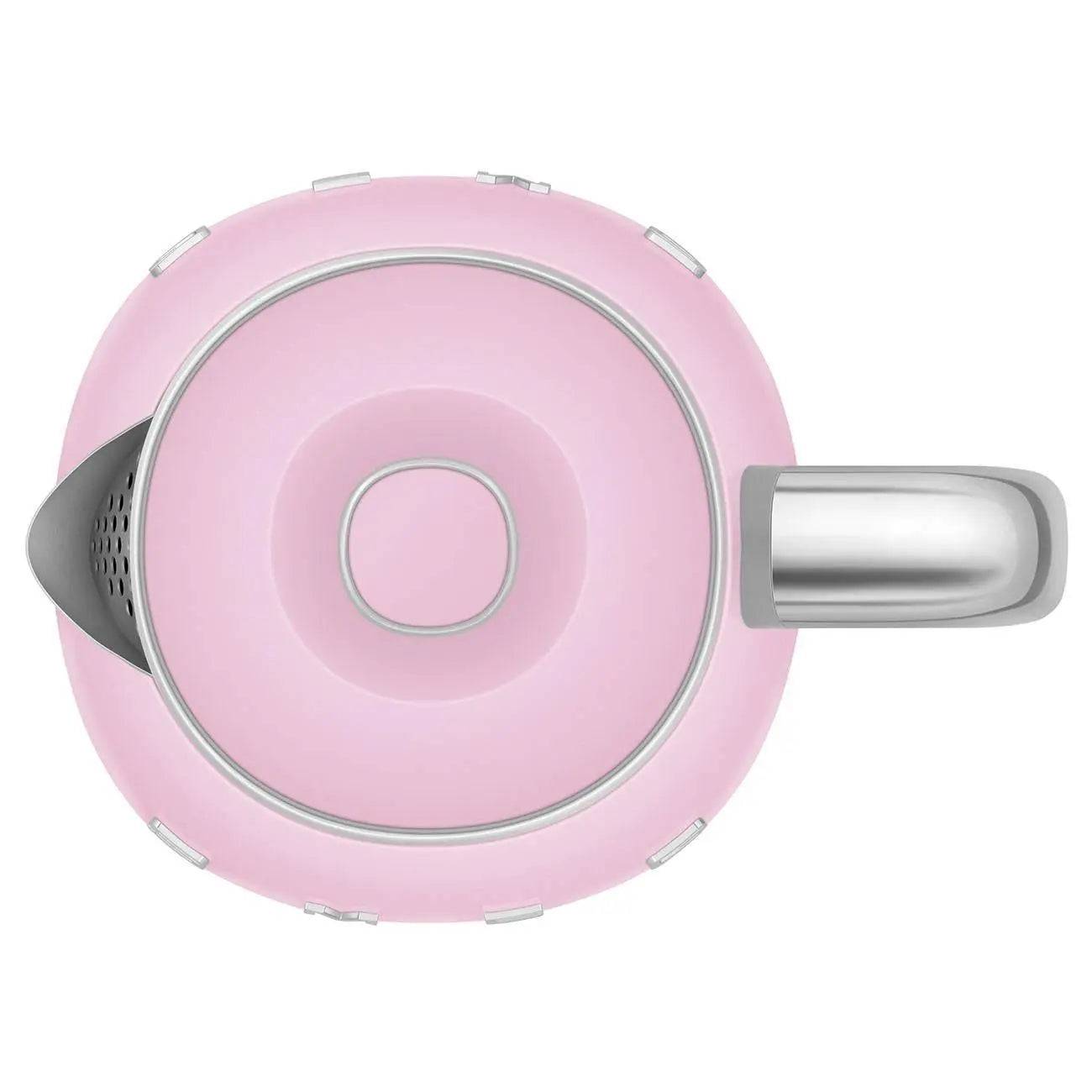Draufsicht eines rosa elektrischen Wasserkochers mit silbernem Griff und Ausguss auf weißem Hintergrund.