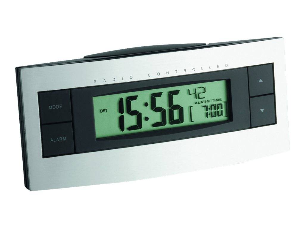 Digitale funkgesteuerte Wecker-Anzeige mit Anzeige von 15:56, 42 Sekunden und Weckerzeit 7:00.