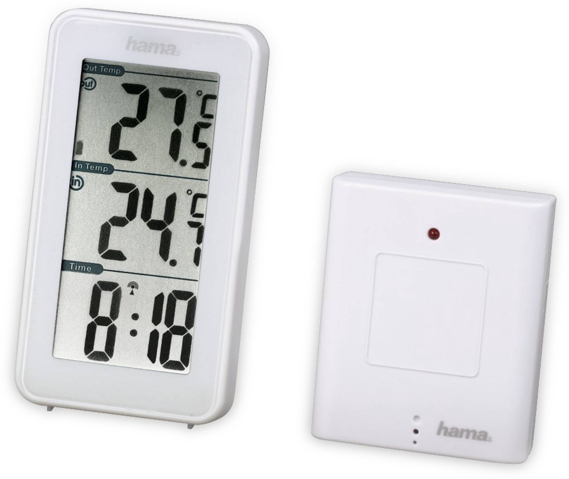 Digitales Thermometerdisplay zeigt 'Außentemperatur 27,6°C', 'Innentemperatur 24,5°C' und Zeit '8:18'. Begleitet von einem weißen Sensorsgerät.
