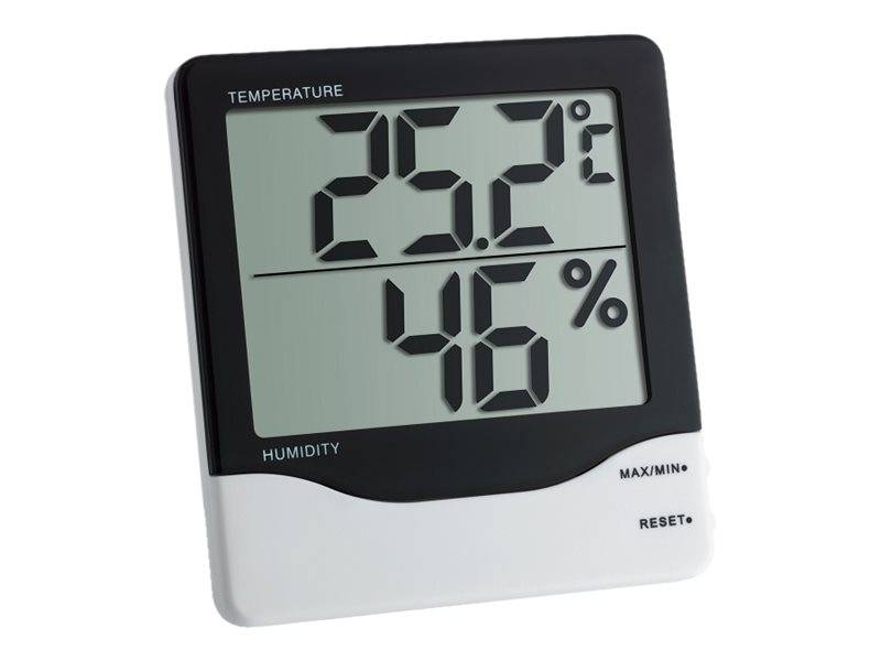 Digitales Thermometer-Hygrometer zeigt 25,2°C Temperatur und 46% Luftfeuchtigkeit an.