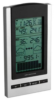 Digitale Wetterstation zeigt die Uhrzeit 11:26, Innentemperatur 49°F mit 24% Luftfeuchtigkeit, Außentemperatur 36°F mit 46% Luftfeuchtigkeit und Wettervorhersage-Symbole.