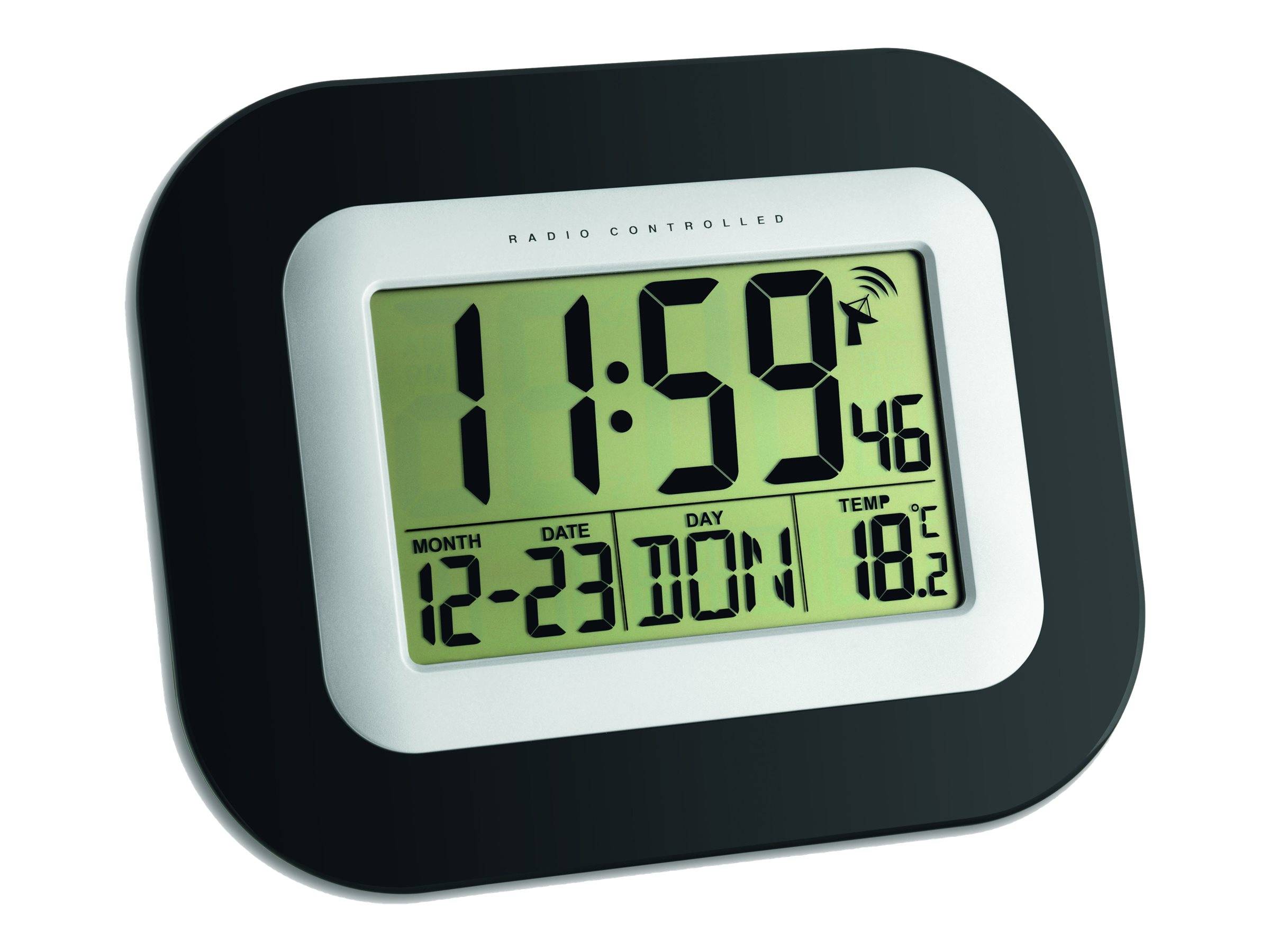 Digitale Wanduhr zeigt 11:59:46 an, Datum 12-23, Montag und Temperatur 18,2°C, mit Funkuhr-Empfangssymbol.