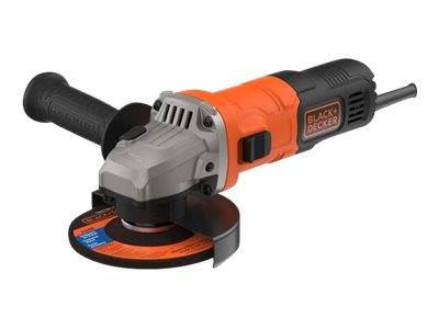 Eine orange und schwarze Winkelschleifer mit Seitengriff und einer Scheibe, der Marke 'Black & Decker', entwickelt für Schneid- und Schleifaufgaben.