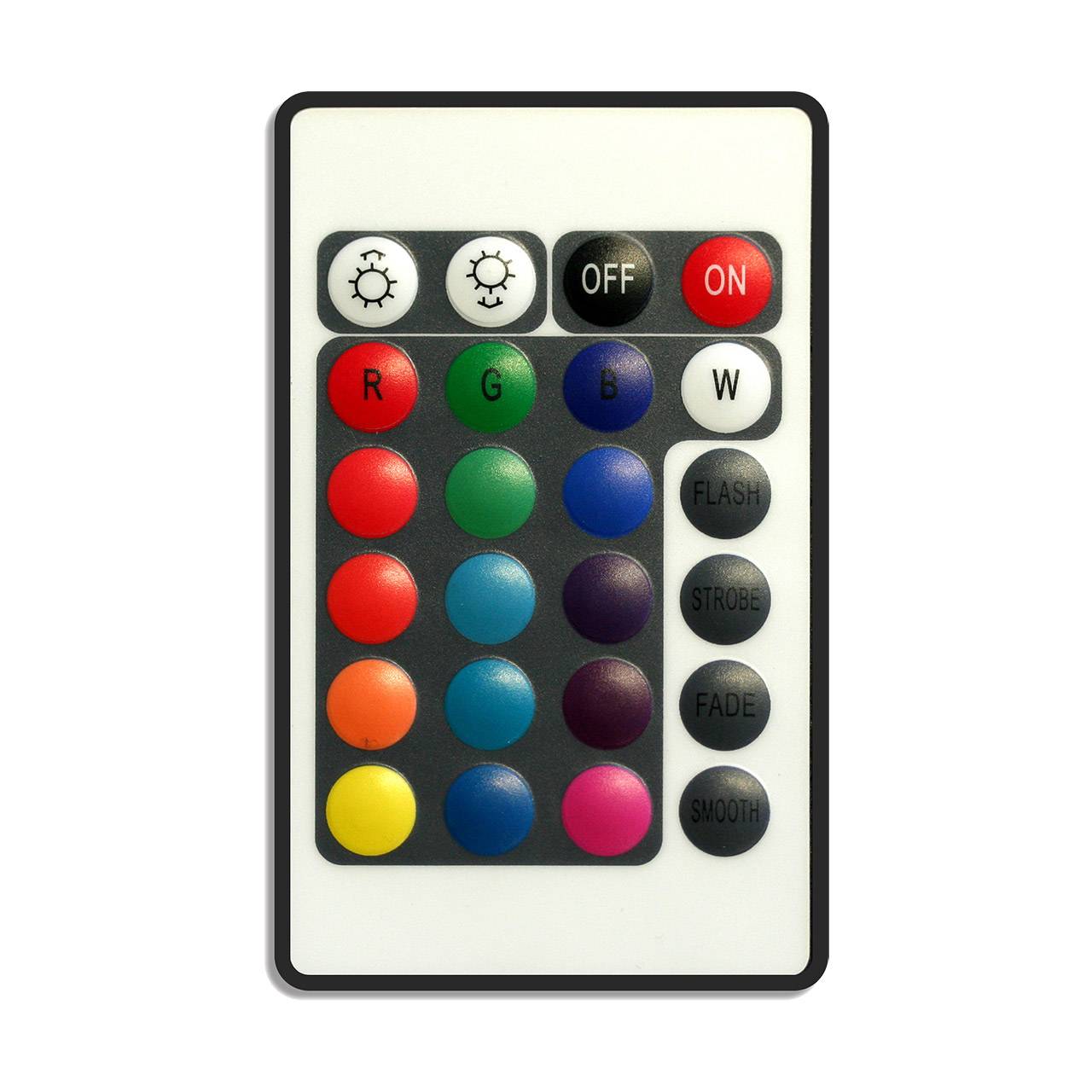 LED-Fernbedienung mit farbigen Tasten für RGB-Lichter, einschließlich EIN/AUS und Blitz-, Stroboskop-, Überblend- und Sanft-Modi.