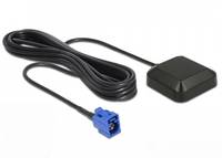 Eine schwarze GPS-Antenne mit einem langen Kabel und einem blauen Anschluss, die für Fahrzeugnavigationssysteme verwendet wird.