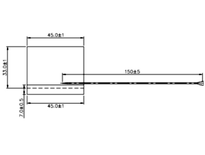 Technisches Maßstabdiagramm einer rechteckigen Komponente mit einem langen ausfahrbaren Streifen, beschriftet mit 45,0±1, 33,0±1, 7,0±0,5 und 150±5.