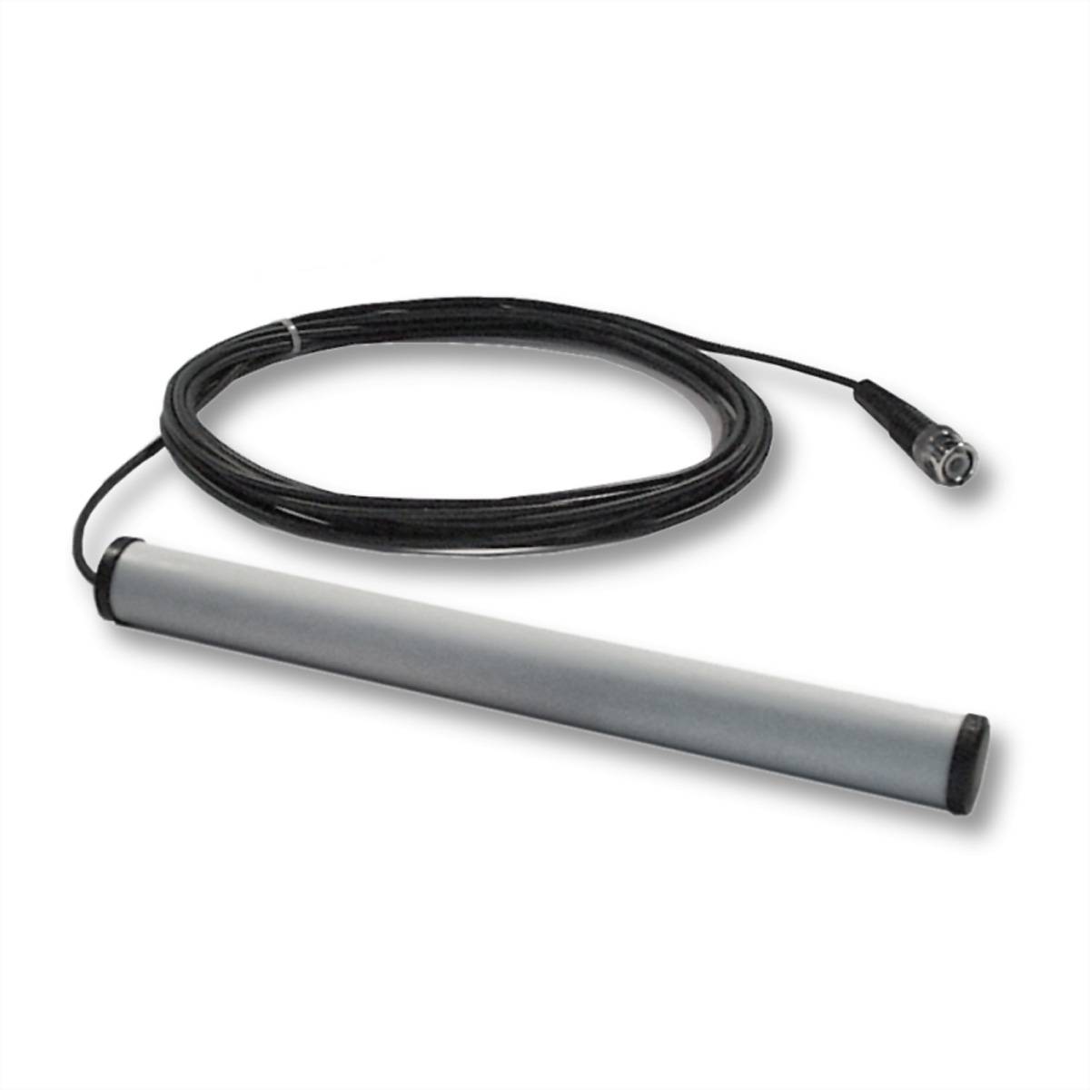 Graue zylindrische Sonde mit angekoppeltem Spiralkabel und Stecker, dargestellt auf weißem Hintergrund.