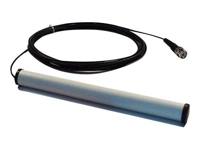 Eine zylindrische Metallsonde mit einem langen schwarzen Kabel und Stecker, gezeigt auf weißem Hintergrund.